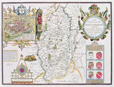 Het graafschap Nottingham, gegraveerd door Jodocus Hondius (1563-1612) uit John Speed